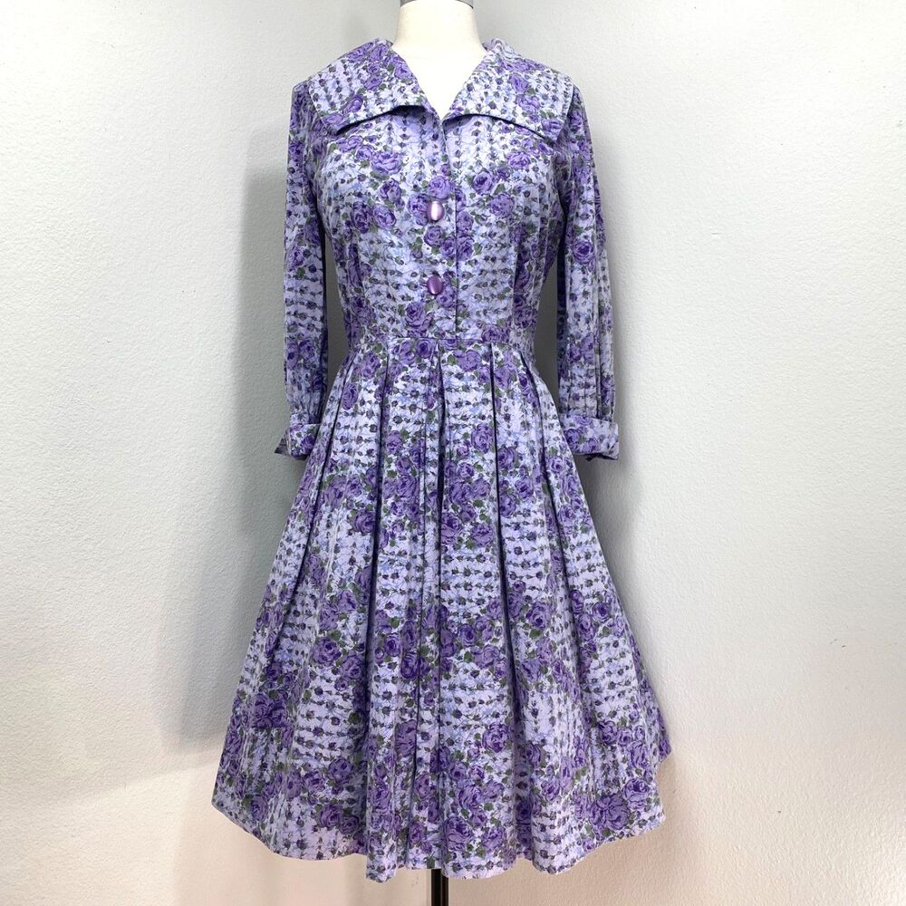 Vintage 50/60s Purple Floral Cotton Shirt Dress Large Handmade Long Cuff Sleeves